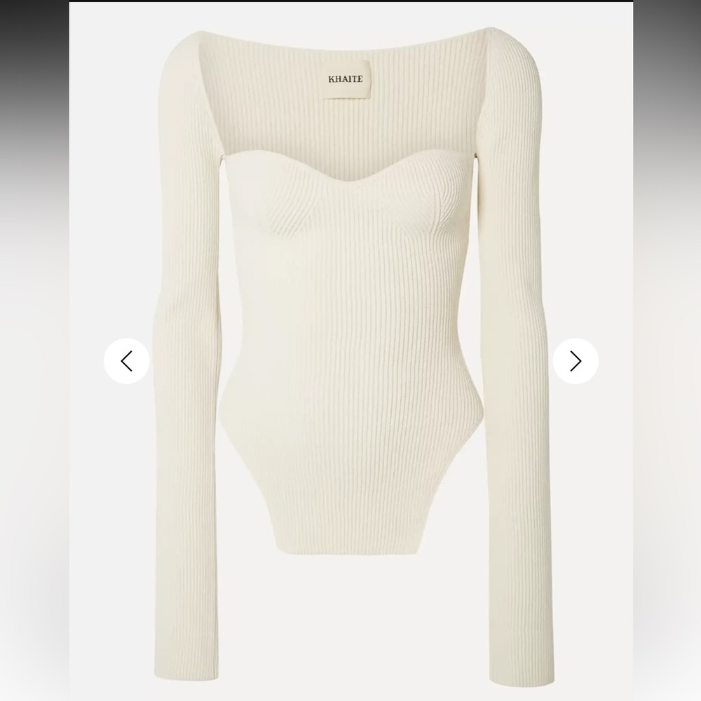 KHAITE Cream Ribbed Bodysuit